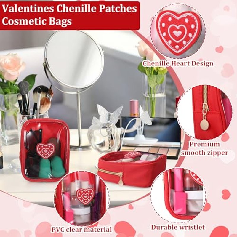 12 Pcs Valentines Heart Chenille Patches Makeup Bags with Zipper Galentine Cosmetic Bags Bulk for Women Red Waterproof Toiletry Bag Valentines Galentines Day Gifts for Team Stuff Travel