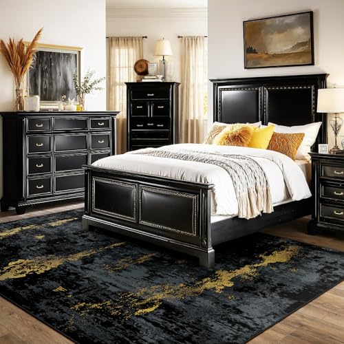 RELEANY 6' x 9' Abstract Area Rug — Black/Gold, Machine-Washable, Non-Slip Backing