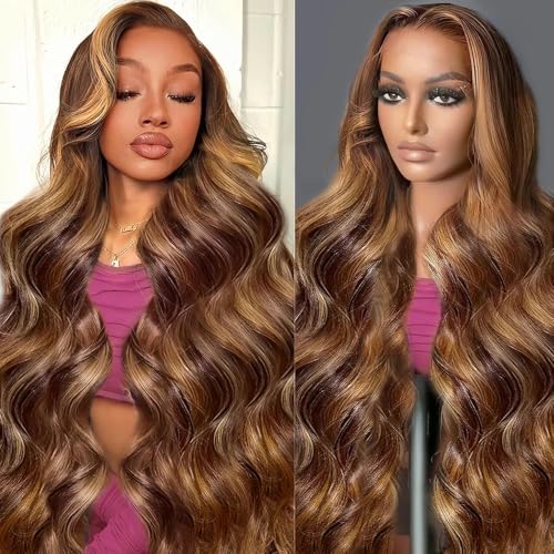 28 Inch Highlight Ombre Lace Front Wig Human Hair Pre Plucked Body Wave for Women - Honey Blonde