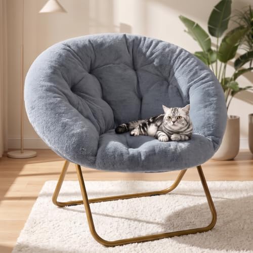 Grey Faux Fur Saucer Chair for Adults - Foldable Lounge Seat, 35.83" Wide
