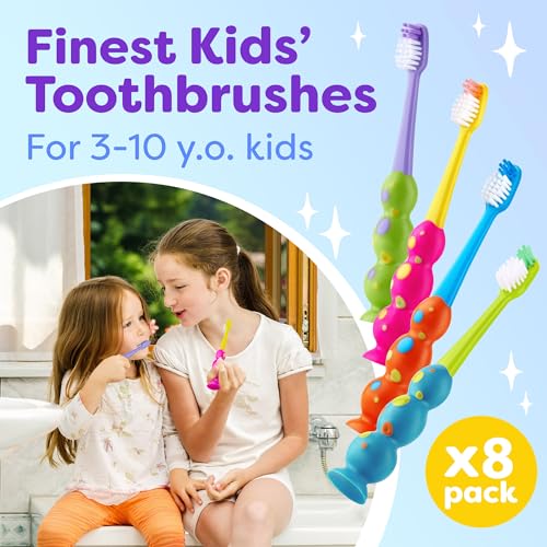 Kids Toothbrush 8 Pack - Soft Contoured Bristles, Child Size, Multi-Color with Suction Cup - Girl & Boy Set (3-10 Years)