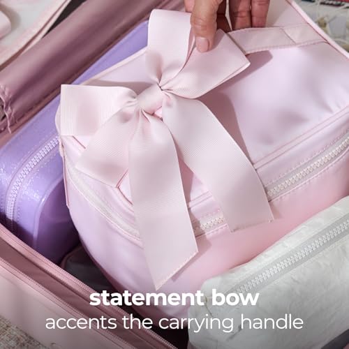 Pink Makeup Bag with Zipper & Bow - Travel Cosmetic Organizer