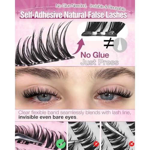 Self Adhesive Eyelashes Wispy Self Adhesive Lash Clusters Natural Clear Band Eyelash Clusters 8-14mm Short Cluster Eyelash Extensions Pre-Glued Cluster Lashes by Delyneph