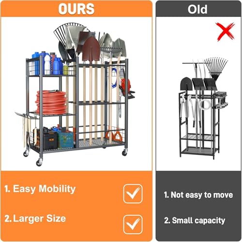 TORACK Garden Tool Stand with Wheels & Side Shelves - Heavy-Duty Yard Organizer