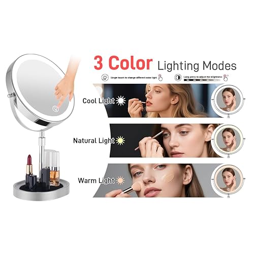 Rechargeable Adjustable-Height Makeup Mirror with 3 Color Lights,Touch Screen and Dimmable Settings,8'' Dual-Sided 1X/10X,360¡Æ Rotation Vanity Mirror with Jewelry Tray,Lighting Cosmetic Mirror