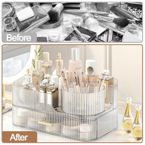 DASITON Clear Makeup Organizer with 1 Tray & 1 Drawer, Rotatable Cosmetic Storage