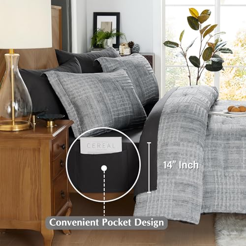 MaiRêve Oversized Queen Comforter Set with Charcoal Grey Crinkle Texture - 7 Pieces