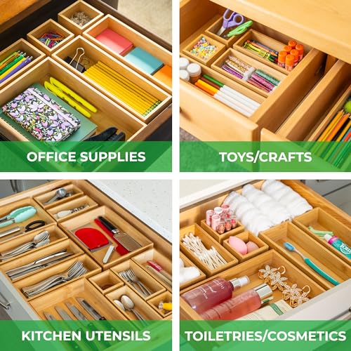7-Piece Bamboo Drawer Organizer Set - Multi-Size Storage Trays for Kitchen, Bathroom, Office & Vanity