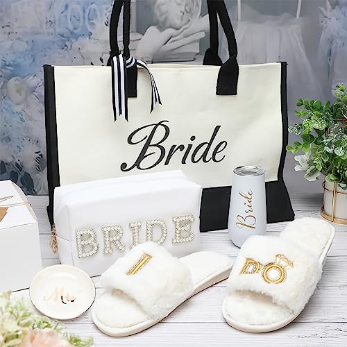Toulite 6 Pcs Bridal Shower Gift Set Including Slide Slippers Wedding Tote Pearl Rhinestone Cosmetic Bag Bridal Robe Wedding Tumbler Ceramic Jewelry Dish Tray for Engagement Bachelorette Party