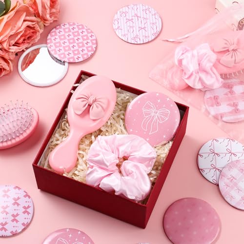 Pink Bow Hair Brush & Compact Mirror Set for Travel & Party Favors