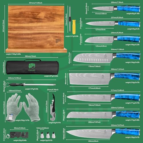 15-Piece Japanese Knife Set with Magnetic Wood Block, Stainless Steel Blades