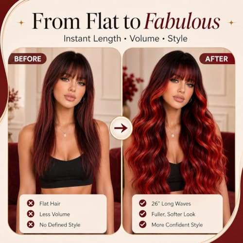 Ombre Red Layered Curly Wavy Wig with Bangs, 26 Inch Long Synthetic Hair - Customizable Bangs