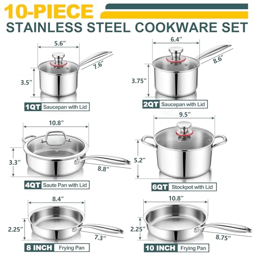 Stainless Steel Cookware Set of 10 - 6 Pots & Pans for All Stoves