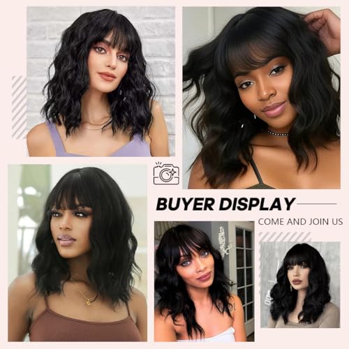 Black Wigs for Women 16 Inch Wavy Short Style with Bangs - Lightweight & Natural Looking