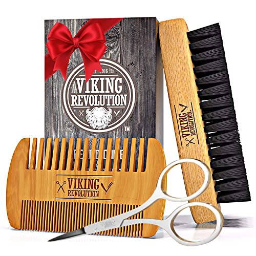 Viking Revolution Natural Boar Bristle Brush and Pear Wood Comb Set for Men, Sandalwood Beard Oil and Beard Balm for men, with Argan Oil and Jojoba Oil - Beard Softener, Strengthens and Moisturizes