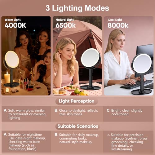 Lighted Makeup Mirror with 10X Magnification, Rechargeable LED Magnifying Vanity Mirror with 3 Lights, Adjustable Height, Storage Base and Phone Holder, Gifts for Women, Black, 7 inch
