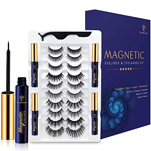 Magnetic Eyelashes with Eyeliner Kit - Magnetic Lashes Natural Looking,Upgraded Long Lasting,10 Pairs 3D Reusable 5 Magnet False Eyelashes with Applicator, Easy to Apply.