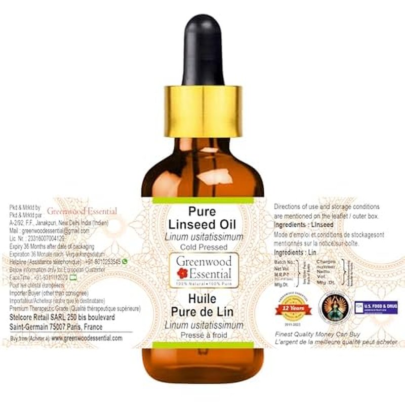 Greenwood Essential Linseed Oil (Linum usitatissimum) with Glass Dropper | Cold Pressed | Natural | Undiluted | For Diluting Essential Oils | For Skin & Massage | Men & Women | 30ml (1 oz)