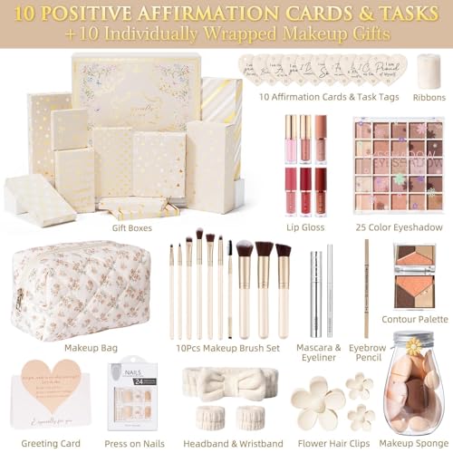 Teen Girl Gifts Trendy Stuff, 10 Positive Affirmation Cards & Empowering Challenges to Unlock 10 Wrapped Makeup Gift Set Motivational Birthday Easter Egg Stuffers Gift Basket for Tween & Teenage Girls
