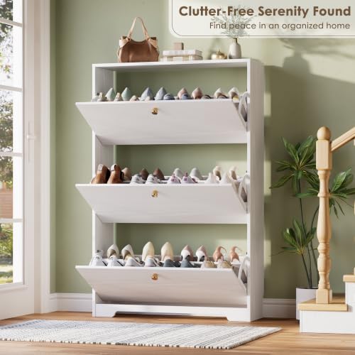 Nicetree White 3-Drawer Narrow Shoe Cabinet | Freestanding Modern Shoe Storage for Entryway