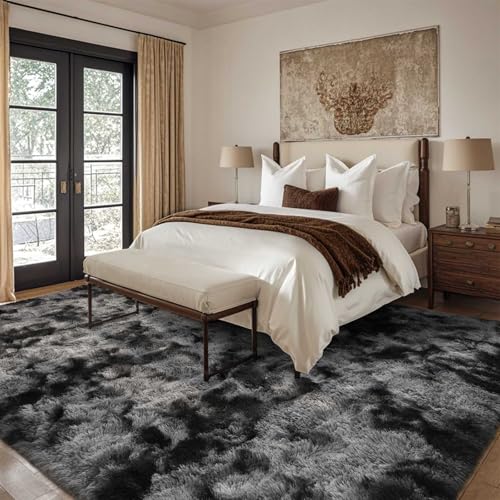 Cuzwlovita 8x10 Ft Dark Grey Tie-Dye Shag Rug - Extra Large Fluffy Area Carpet for Living Room & Bedroom