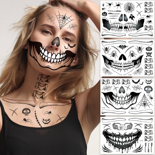 Halloween Makeup Temporary Halloween Tattoos Stickers Prank Chucky Witch Fake Face Decals Zombie Makeup Scar Skeletons Cosplay Tattoos DIY Eye Women Adult Mouth Clown Makeup Kit Party