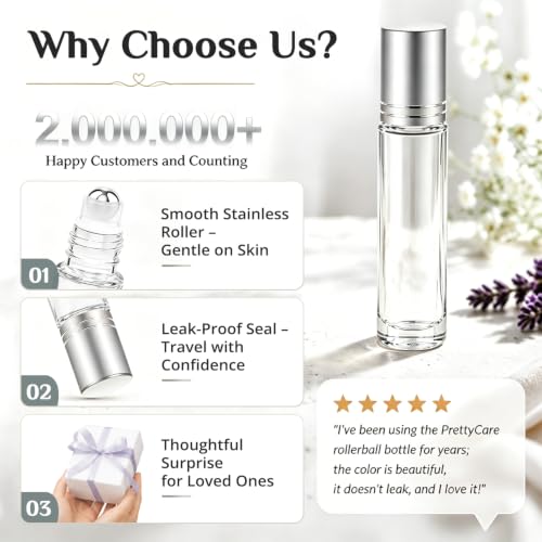Clear Essential Oil Roller Bottles Set of 60 with Silver Cap - 10ml Travel Refillable Glass Bottles