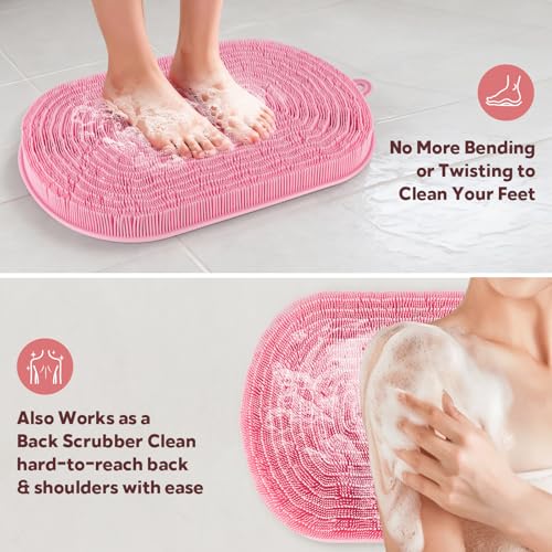 Silicone Shower Foot Scrubber Mat 21x14 Inch Pink Non-Slip Bath Mat