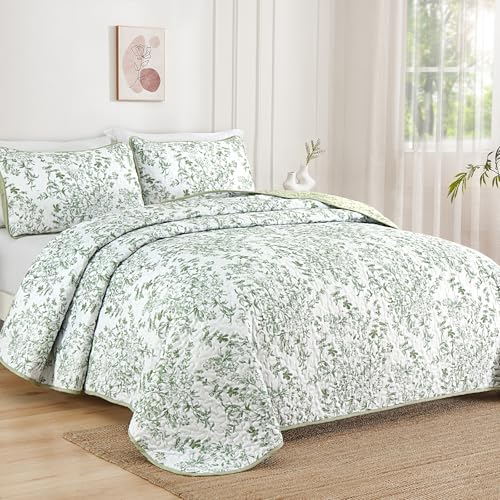 California King Quilt Set - Sage Green Botanical Lightweight Bedspread with Pillowcases - Reversible, 3 Pieces
