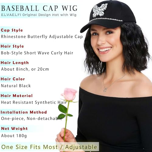 ELVAELFI 8-Inch Short Wavy Black Cap Wig with Rhinestone Butterfly for Women - Variation Cap21-1B / 8 Inch