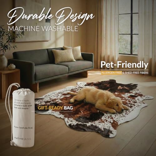Brown Faux Cowhide Rug 4'7"x6'7" Semicircular Washable Non-Shedding