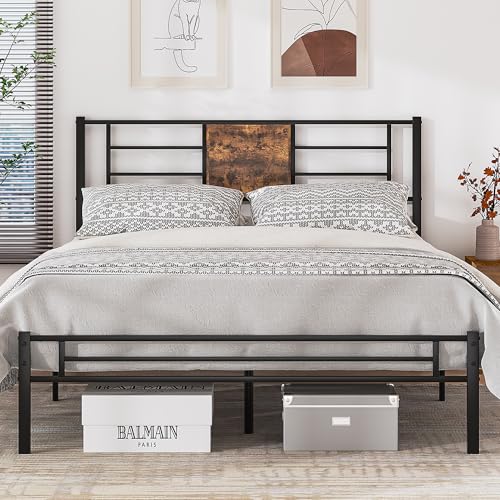 Queen Size Bed Frame with Headboard and Metal Slats - Black & Brown, 1-Pack