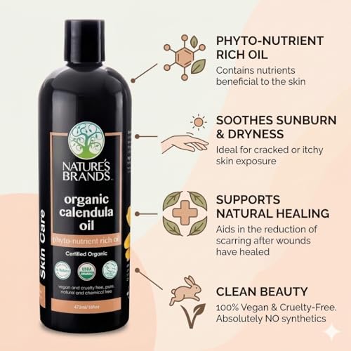 Nature's Brands Organic Calendula Carrier Oil Organic for Skin (16oz) 100% Natural, and Skin Moisturizer, USDA Certified Organic