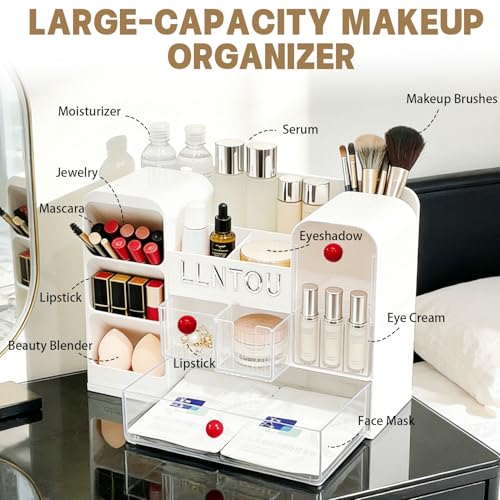 Makeup Organizer for Vanity with Brush Holder, Large Cosmetic & Skincare Organizer Countertop with Muti-Drawers, Cosmetic Display Case for Lipsticks, Nail Polishes, Perfumes, Eyeshadow (white)