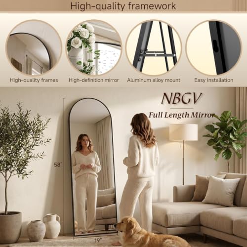 Full Length Floor Mirror with Stand - Arched Modern Design, HD Explosion-Proof Glass, Black 58x18 inches