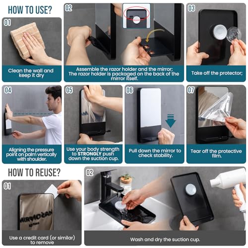 TAILI Shower Mirror Fogless for Shaving Suction Cup, Shaving Mirror with Razor Holder Hook, Anti Fog Mirror for Shower, Removable, Bathroom & Shower Accessories, Black