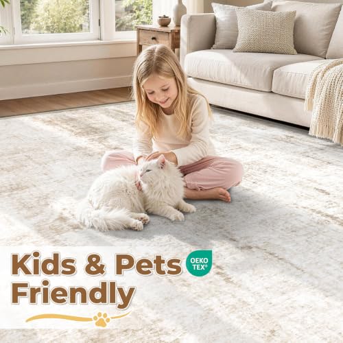 8x10 Beige Washable Area Rug - Abstract Modern Non-Slip Indoor Carpet for Living Room & Bedroom - Variation: Beige / 8' x 10'