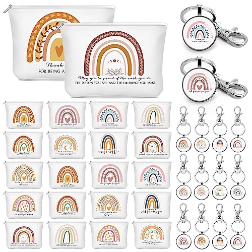 Hillban 40 Pcs Employee Appreciation Gifts Bulk for Women Inspirational Rainbow Canvas Makeup Bags and Keychains for Coworker