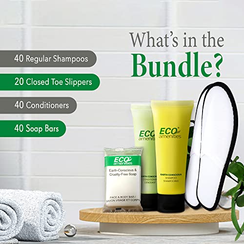 ECO amenities 140-Piece Bulk Hotel Toiletries Set - TSA-Approved Travel Shampoo & Conditioner - 14 g Bar Soap Bulk - 40 1 fl oz Shampoo & Conditioner, 20 Slipper Pairs