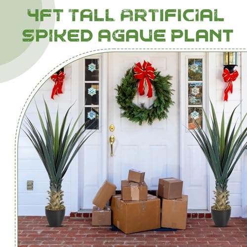 Artificial Spiked Agave Plant 4ft Tall Potted Faux Greenery Outdoor Indoor - Green, 48"