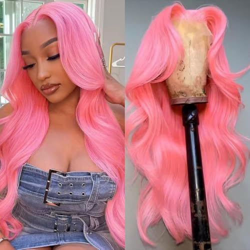 Pink 13x4 Body Wave Lace Front Wig Human Hair 22 Inch - Dyed Brazilian Virgin