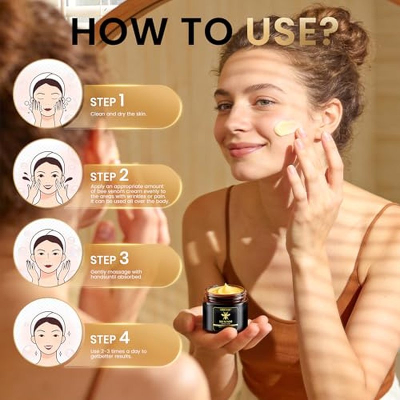 Bee Venom Cream - Natural Bee Venom Skin Treatment Cream - Firming & Wrinkle Reduction, Collagen Boost & Skin Brightening, Moisturizer for Face & Body, All Skin Types, 2.1oz