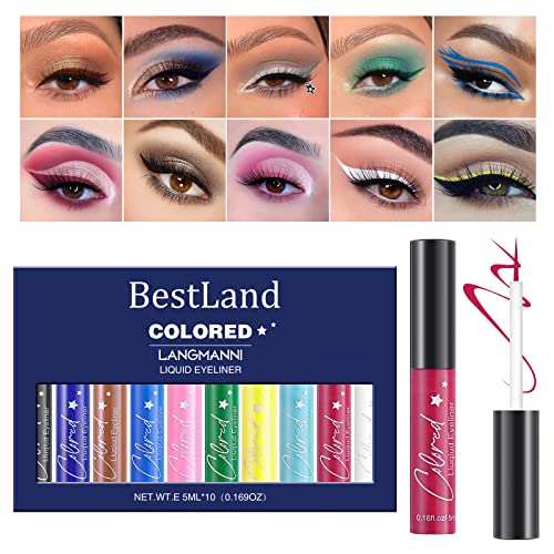 BestLand 10 Colors Liquid Matte Eyeliner - White, Black, Blue, Brown Colored Liner - Waterproof, Bright, Rainbow Eyeliner Pencil - Quick Dry Eyes Makeup Kit