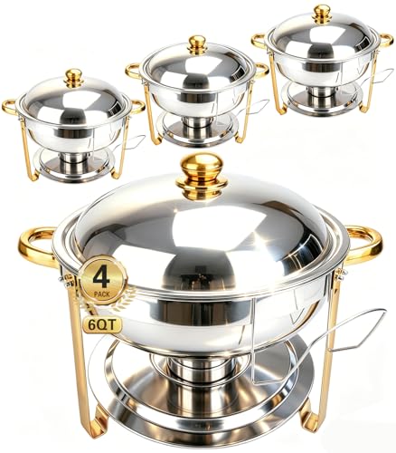 Silver & Gold 6QT Chafing Dishes Set for Buffet, 4 Pack Food Warmers
