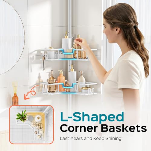HAMITOR Corner Shower Organizer 4-Tier Tension Pole Caddy, White - Wire Baskets