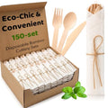 Nuenen White 150 Pack Bamboo Cutlery & Napkin Set - Eco-Friendly Disposable Utensils
