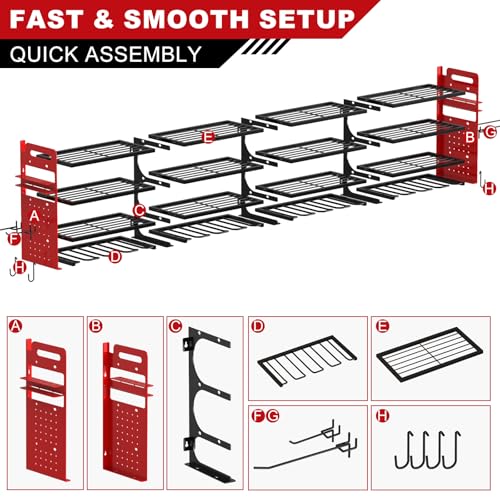 Large 65-Inch Power Tool Wall Mount Organizer - 4-Tier, Holds 16 Drills - Red