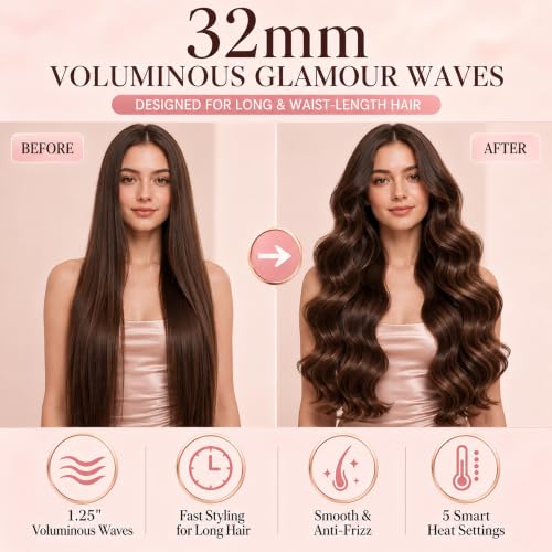 Automatic Hair Curling Iron 1.25 Inch for Beach Waves, 5 Temp Settings, Dual Voltage