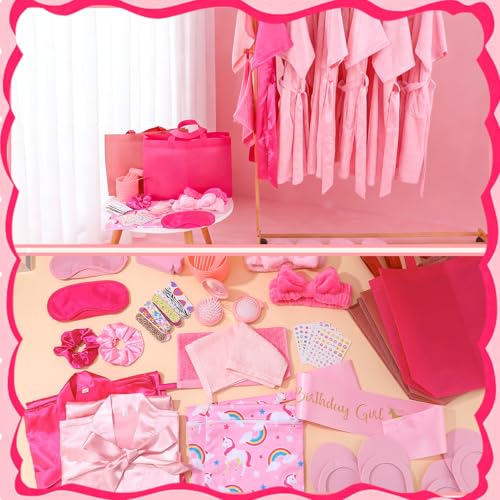 Girls Spa Party Supplies Kit 6-Piece Set with Satin Robes & Accessories - Hot Pink & Pink Variation