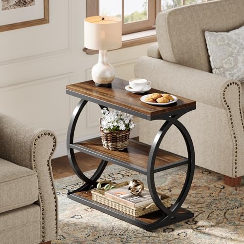 Narrow Rustic Brown End Table with 3 Tiers - Industrial Farmhouse Side Nightstand